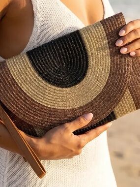 Woven Arc Pattern Clutch - Brown & Black with wristband a d shoulder strap